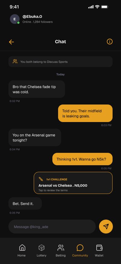 BetAlmighty Chat screen: 1v1 challenge sent from a chat