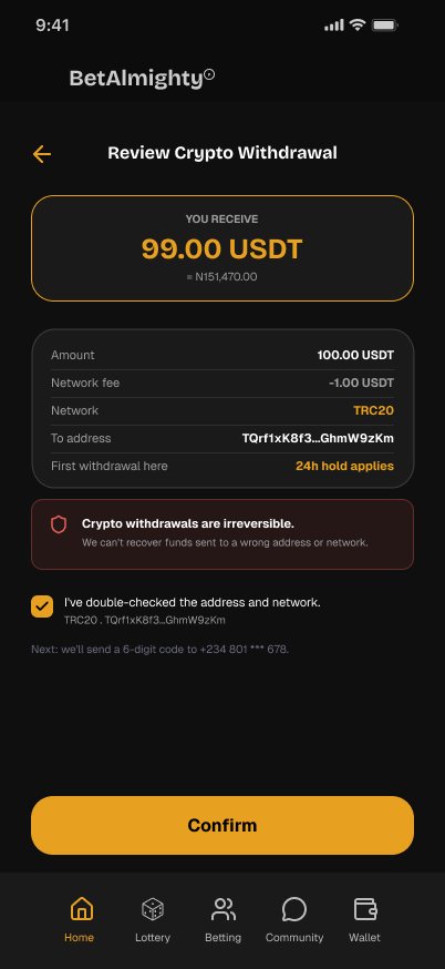 BetAlmighty Crypto withdrawal screen: Irreversible, double-check prompt