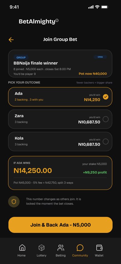 BetAlmighty Join group bet screen: Live payout per outcome