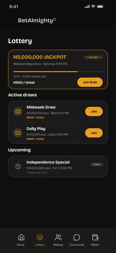 BetAlmighty Lottery screen: Jackpot, active draws, upcoming
