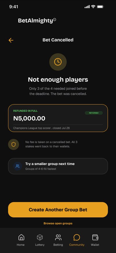 BetAlmighty Not enough players screen: Auto-cancelled, refunded in full