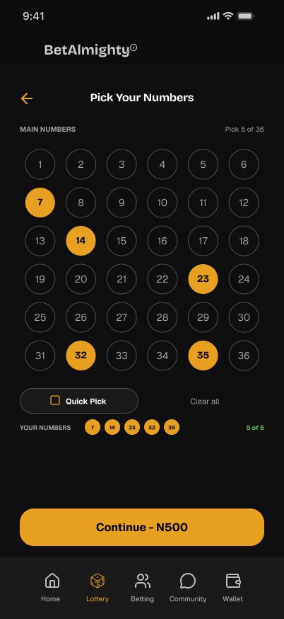 BetAlmighty Pick your numbers screen: 5 of 36 or Quick Pick