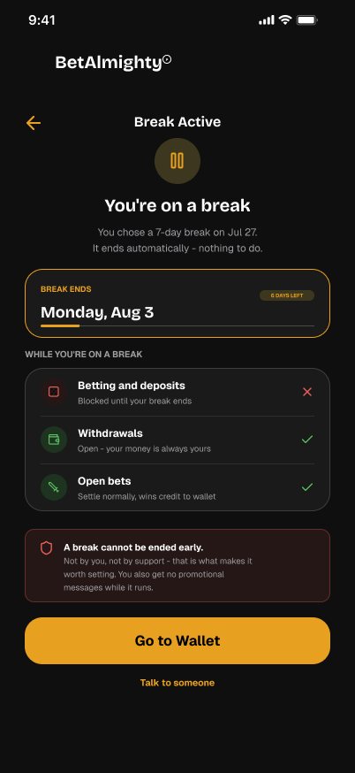 BetAlmighty Break active screen: What's blocked, what isn't