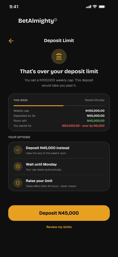 BetAlmighty Deposit limit screen: Options, not just a wall
