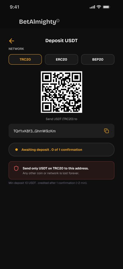 BetAlmighty Deposit USDT screen: Network picker and QR