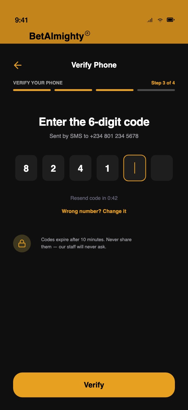 Mid-fidelity July draft of the Phone code screen