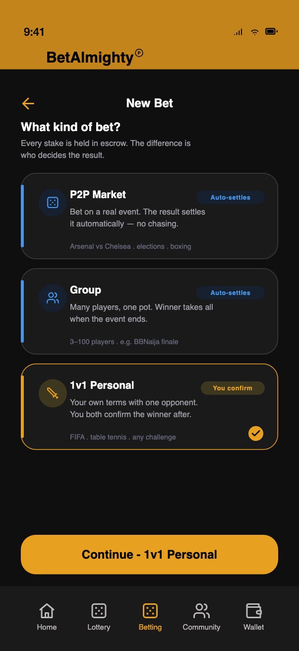 Mid-fidelity July draft of the Choose bet type screen